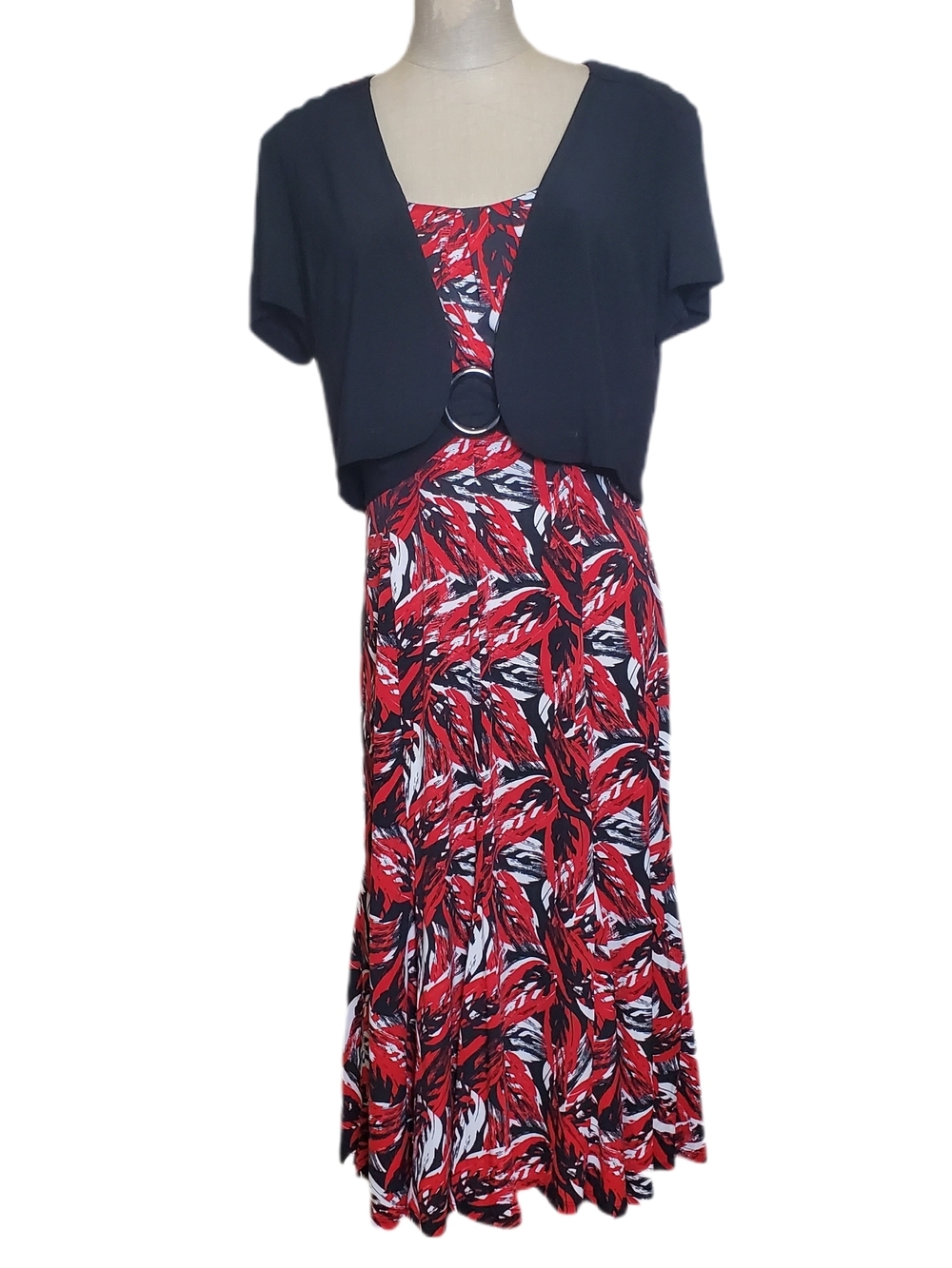 Perceptions New York Red & Black Printed V-Neck Dress with Black Bolero Sz 10